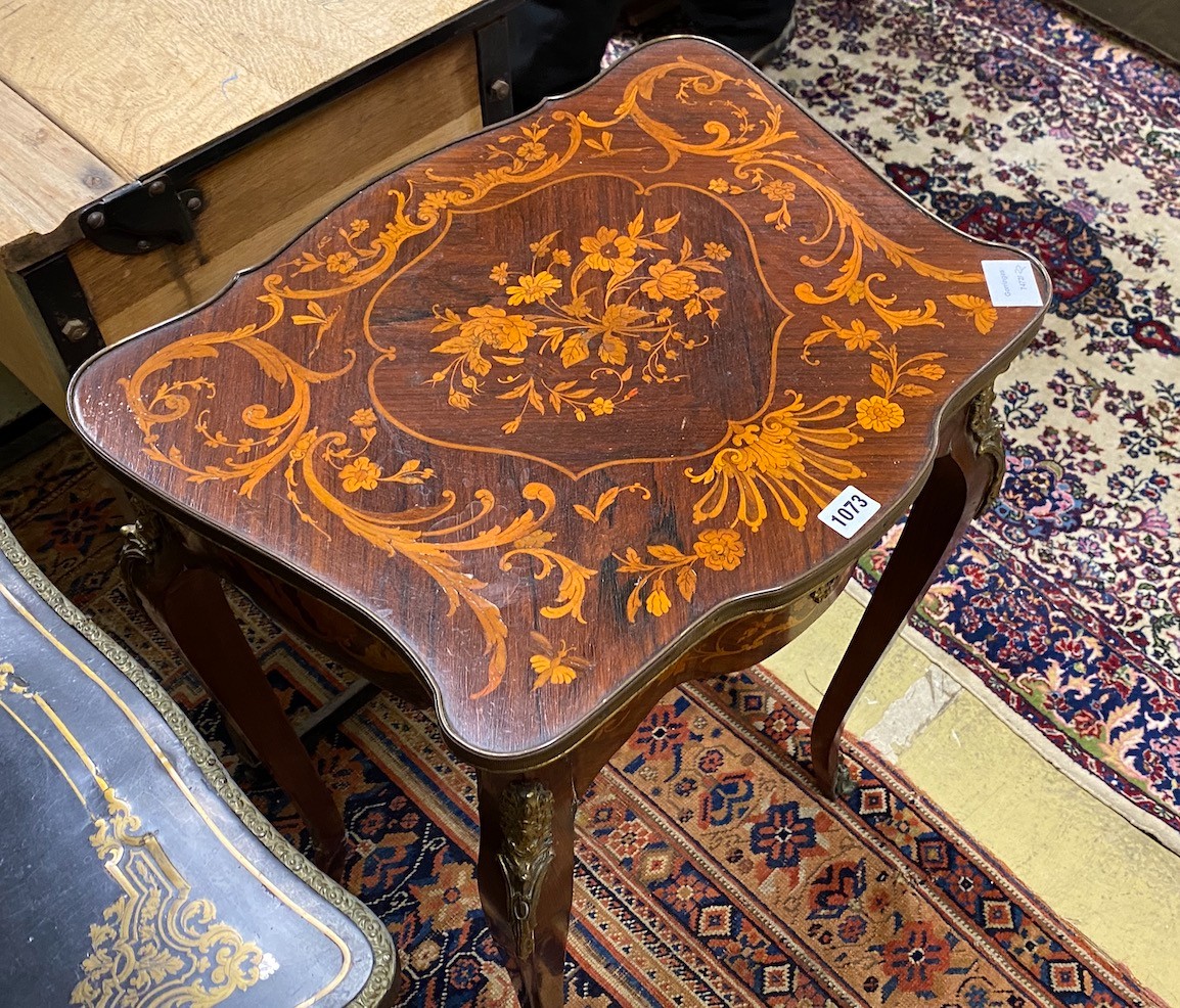 A French marquetry inlaid kingwood gilt metal mounted side table, width 53cm, depth 41cm, height 75cm